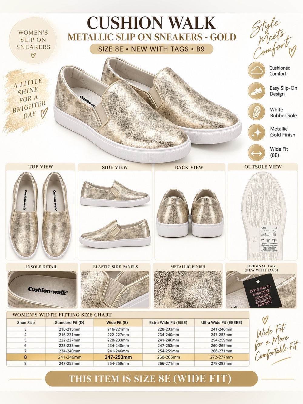 CUSHION WALK METALLIC SLIP ONS - GOLD SIZE 8E WIDE (NEW WITH TAGS) B9